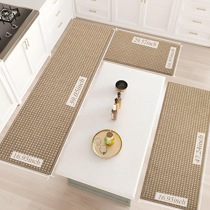 Kitchen Rugs,Non Slip Absorbent Kitchen Mats for Floor-Thick Stain Resistant Washable Kitchen Floor Mat Runner Carpet for Hallways,Entryway,Laundry Room,Sink(17"x29"+17"x48"+17"x59",Brown)