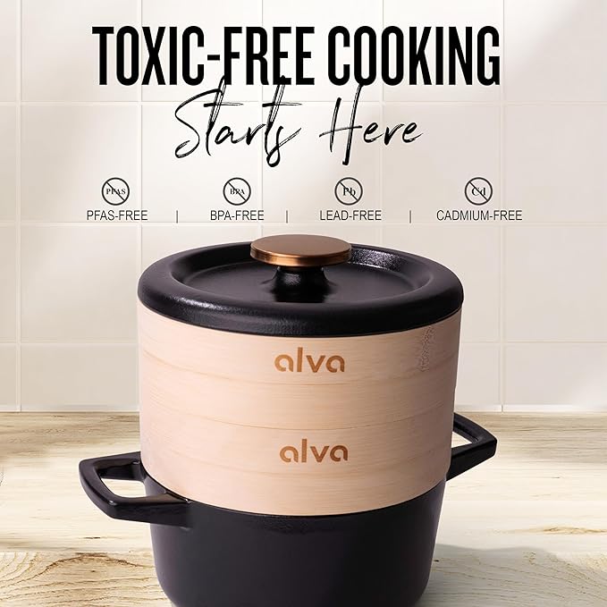 Alva Nori 2.5-Qt Enameled Cast Iron Dutch Oven Steamer Set – Made With No PTFE/PFOA/PFAS, Oven & Induction Safe – 3-Layer Enamel, No Seasoning Needed – Durable, Easy-Clean Cocotte with 2 Steamer Inserts