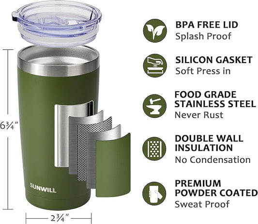 SUNWILL Travel Coffee Tumbler 20 oz, Insulated Mug with Lid, Stainless Steel Cup for Outdoor, Powder Coated Olive