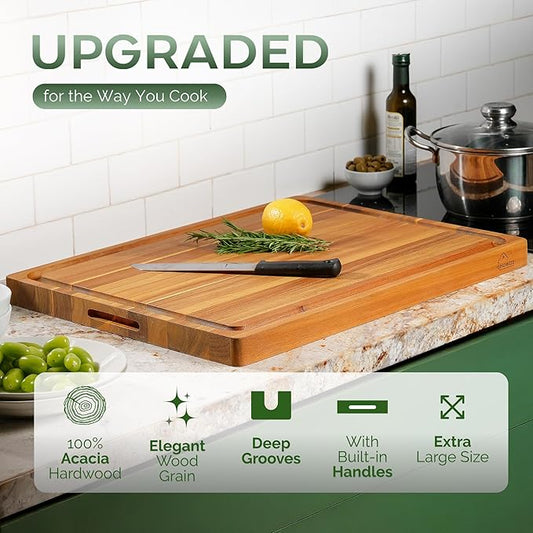Howizz Acacia Wood Large Cutting Board, Thick Edge Grain Solid Wood Butcher Block For Kitchen, Non Toxic Pre-Oiled Carving Tray w/Juice Grooves and Easy Grip Handle, 17"x13" Thick 1" Gift-Ready Box