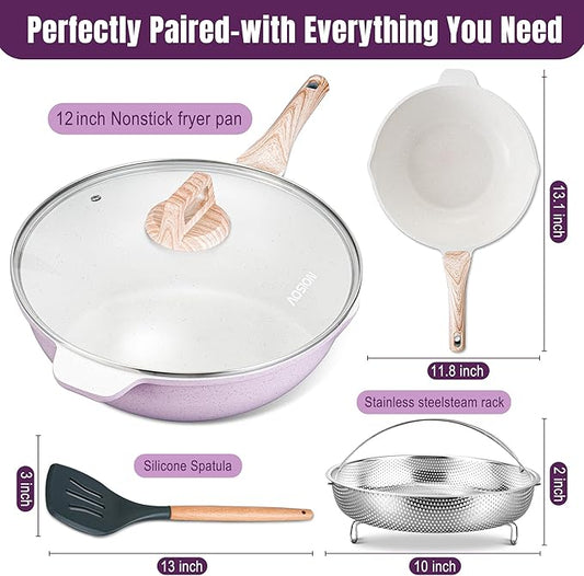 AOSION 11 Inch Nonstick Ceramic Deep Frying Pan Skille with Lid,5QT Sauté Pan for Cooking with Steam Rack,Healthy Large Skillet,Stay Cool Handle, Induction Compatible, PFOA & PFAS Free. (12IN-PURPLE)