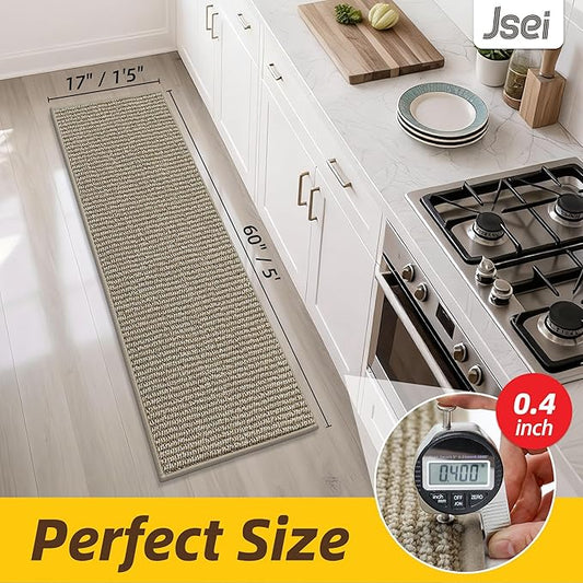 JSEI Kitchen Runner Rugs, 17''x60'' Non-Slip Kitchen Mats for Floor, Machine Washable Absorbent and Stain Resistant Kitchen Rug, Carpet Mats with TPR Backing for Kitchen, Beige