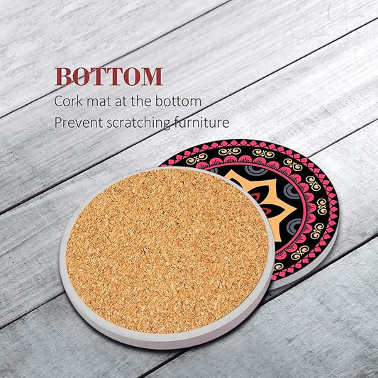 Coaster for Drinks Set of 6, Mandala Flower Floral Retro Absorbent Round Ceramic Stone Mat, with Cork Base and Metal Holder, Gift for Housewarming Room Bar Decor