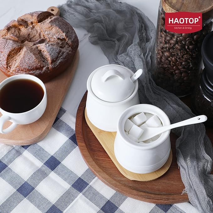 HAOTOP Ceramic Sugar Bowl 2 Pack, PorcelainJar with Tray, Spoon and Lid for Sugar, Pepper, Coffee, Spice, Salt, 12 Ounces (White)