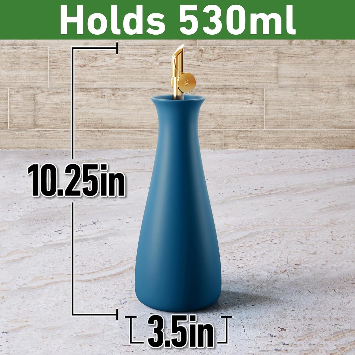 Ceramic Olive Oil Dispenser with Self-Closing Gold Spout - 530 ML Capacity Matte Blue Ceramic Oil Dispenser for Kitchen - Leak Proof EVOO Dispensing Bottle - Stylish, Ergonomic, Durable, Easy Pour