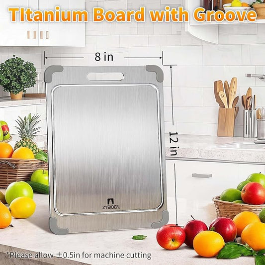 ZYBIDEAL 100% Pure Titanium Cutting Board with Grooves, Update Double Side Titanium Chopping Board, Silicone Anti-slip Stainless Cutting Boards for Kitchen 8 * 12, Grey