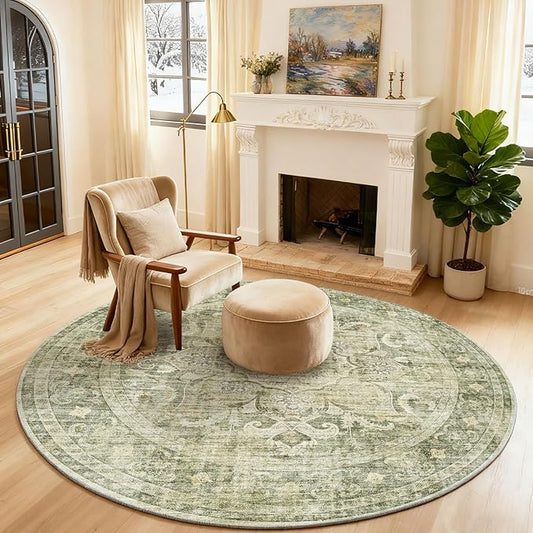 4x4 Round Bedroom Rug Washable: Round Rugs Stain Resistant Green Floral Rug Non Slip Low Pile Small Carpet for Bedroom Kitchen Entryway Living Room Bedside Office Dorm Kids Room Entrance
