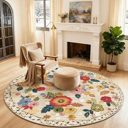 4x4 Round Bedroom Rug Washable: Round AreaRug Stain Resistant Floral Rug Non Slip Low Pile Small Carpet for Bedroom Kitchen Entryway Living Room Bedside Office Dorm Kids Room Entrance