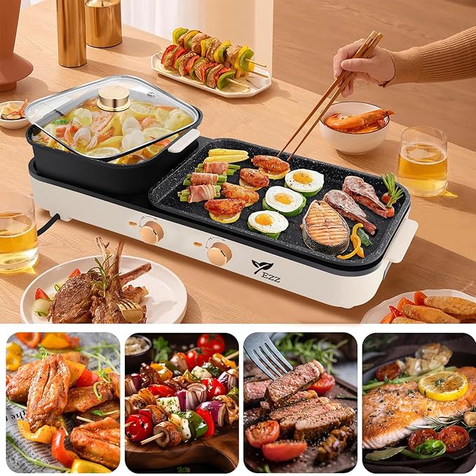 2025 Electric Hot Pot with Grill,2-10 People Indoor Hot Pot 2 in 1 Multi-function Smokeless Shabu-Shabu Hotpot Korean BBQ Grill for Simmer,Separate Dual Temperature Contral