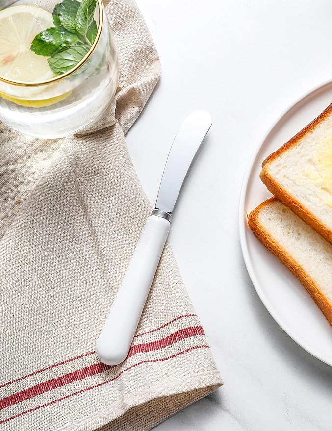 Butter Spreader Knife Set: Stainless Steel Butter Knife with Porcelain Long Handles - 4 Pack cheese spreader for Soft & Hard Butter, Jam, Cheese - Cheese Knife Spreader for Kitchen Use (White Handle)