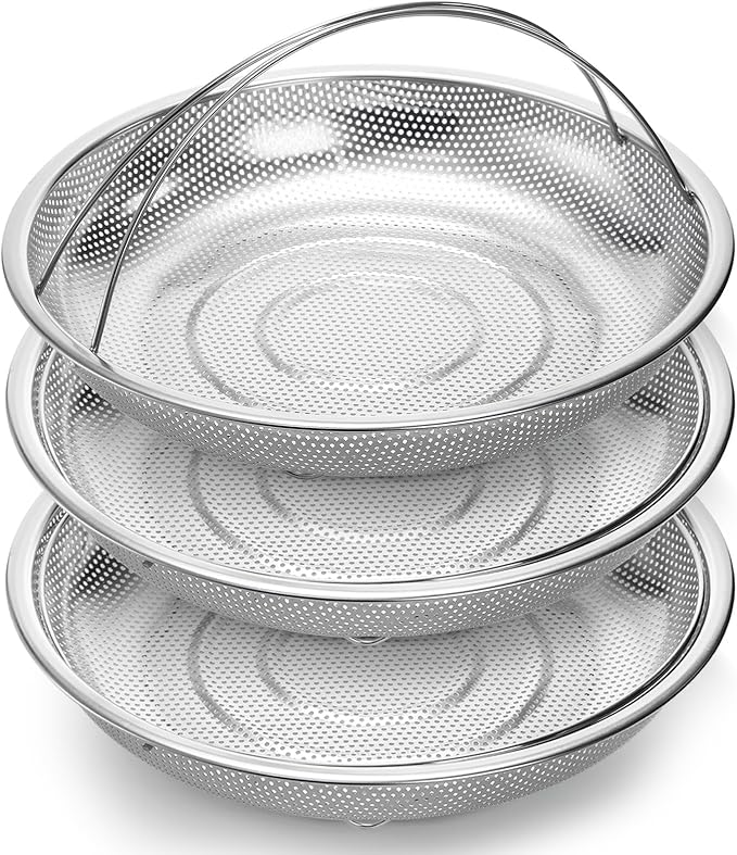 3 Pack Steamer Basket for Cooking, Micro-Perforated Strainer Colander Set, Stainless Steel Vegetable Veggie Steamer Rack for Pot, All-In-One Steaming Rack Stand with Handles, Dishwasher Safe