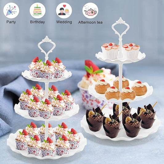 Coitak 3 Tier Cupcake Stand, Plastic Tiered Serving Stand, Dessert Tower Tray for Tea Party, Birthday and Wedding (Wavy-white rod)