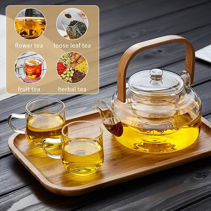 Glass Tea Pot with Infuser and Lid 800ML/27 FL OZ, Heat Resistant Borosilicate Glass Tea Kettle for Blooming and Loose Leaf Tea, Stovetop Safe