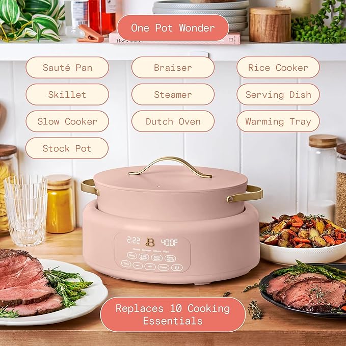 Beautiful 10-in-1, 6-Qt Electric Multi-Cooker | Programmable Touch Display | 7 Presets up to 400 °F | Sear Slow-Cook Steam Rice Warm | Oven-Safe Pot & Lid (Rose)