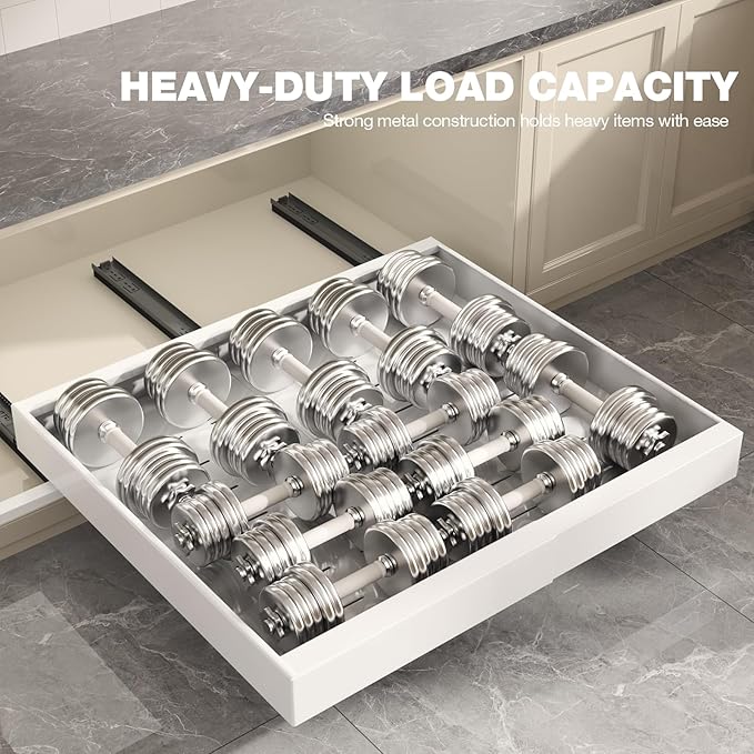 2 Pack Pull Out Cabinet Organizer 24" Deep,Full Extension 3 Slide Rails Slide Out Drawers With Raising Pad for Framed Cabinets,Expandable Width (15.4"-26.2"),No Drill Roll Out shelf,White