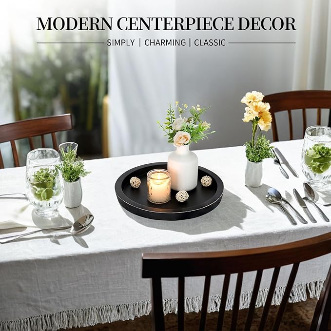 Hanobe Candle Plate Holder Tray: Round Wooden Decorative Candle Plate Small Farmhouse Table Centerpiece Rustic Wood Tealight Pillar Trays for Christmas Wedding Halloween Home Decor (Black)