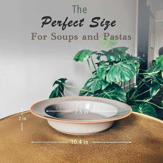Mora Ceramic Wide Rimmed Soup Bowl 25oz, Set of 4 - For Pasta, Italian, Spaghetti, Dipping Bread, Fancy Dinner etc. Large Plate/Bowls Hybrid For Everyday & Restaurant Use, Flat Rim - Assorted Neutrals