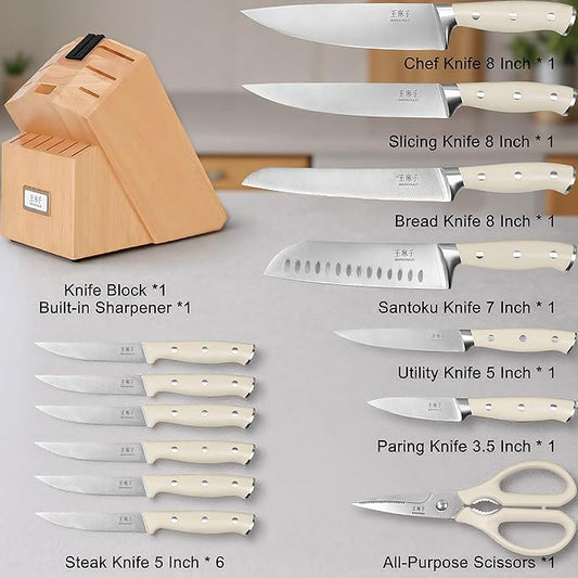Newly Updated Premium Chef Knife Set High Carbon Stainless Steel Sharp Blade Ergonomic Rivets Handle Knife Block Set Hundreds of Years of Masterful Craftsmanship(Ivory,15PCS)