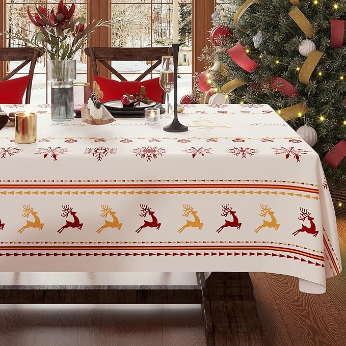 Christmas Rectangle Table Cloth,100% Waterproof Tablecloth,Christmas Decorations for Home, Vinyl Tablecloth Plastic Table Cover for Party,Picnic,Dining,Outdoor 52" x 70",Merry Ribbon