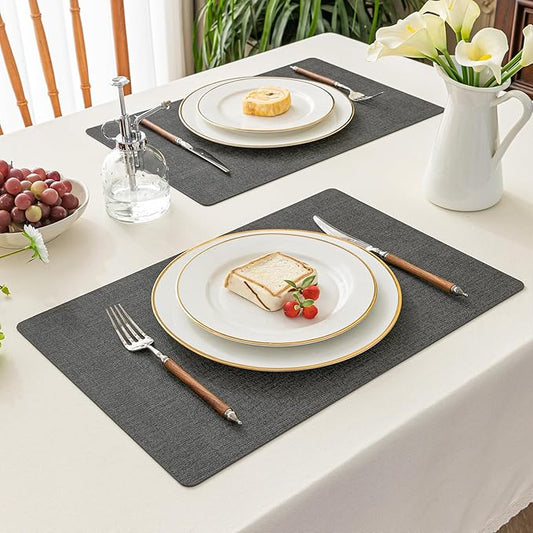 Romanstile Vinyl Placemats Set of 6-12 X 17 Inch - Heat Resistant Place Mats 100% Waterproof Oilproof Wipeable Reversible Faux Leather Table Mats for Kitchen, Dining, Party, Outdoor, Charcoal