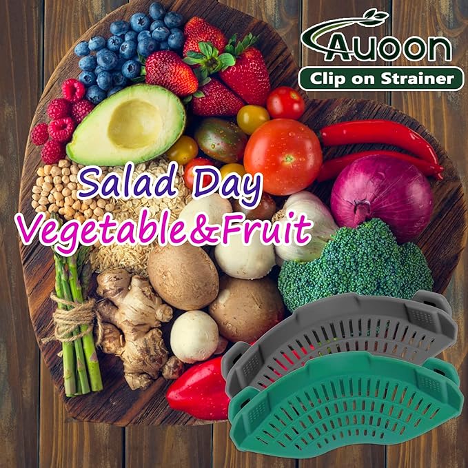 AUOON Clip On Strainer Silicone for All Pots and Pans, Pasta Strainer Clip on Food Strainer for Meat Vegetables Fruit Silicone Kitchen Colander (Sea Blue)