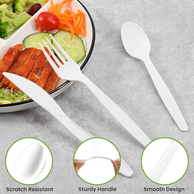 EZYLINKER Compostable Utensils Set (300Pack), Heavy Duty & Eco-Friendly No-Plastic Spoons, Forks, Knives Cutlery Set - 100% Disposable Cornstarch Flatware for Lounge Party Wedding BBQ Picnic Camping