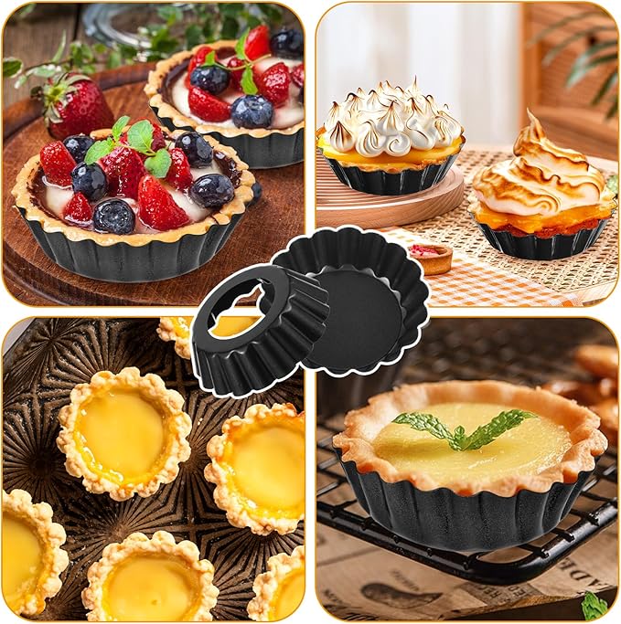 16 Pcs Mini Tart Pans Egg Tart Molds with Removable Bottom Round Nonstick Quiche Pan Mini Pie Pans Small Bakeware Mold Fluted Side for Mousse Cake Dessert Baking (3 Inch, Dark Gray)