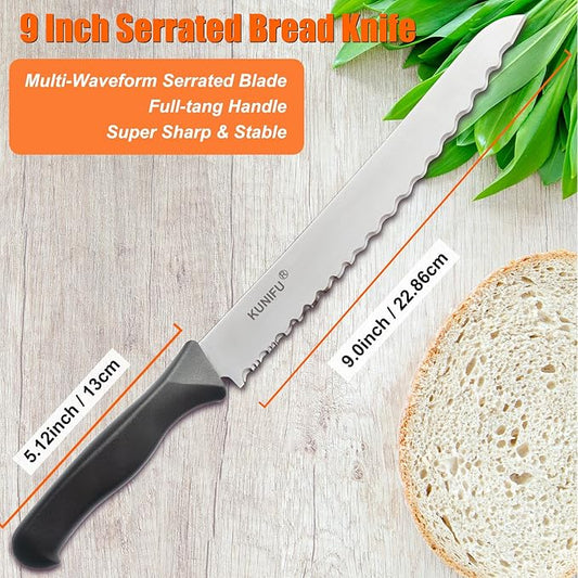 KUNIFU Bread Knife 9 Inch, Serrated Bread Slicing Knife with 5 Serration Types, Ultra Sharp High-Carbon Stainless Steel, Full Tang, Ergonomic Non-Slip Handle for Bread, Bagels, Cakes & Pastries