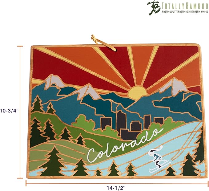 Totally Bamboo Colorado State Shaped Cutting Board and Charcuterie Serving Platter with Artwork by Summer Stokes, Includes Hang Tie for Wall Display 14-1/2" x 10-3/4" x 5/8"