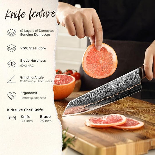 Wakoli Kawa Kiritsuke Chef Knife, 7.9-Inch Blade Kitchen Knife | 67-Layer Damascus Steel with VG10 Core | Copper Inlay | Maple Stabilized Wood Handle | Professional Chef Knife