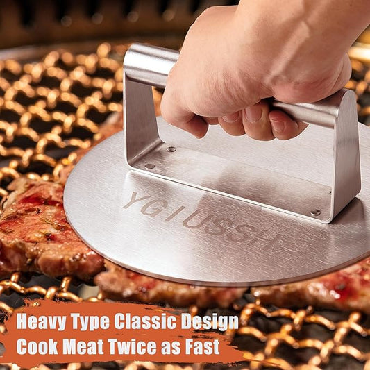 8.7 Inch Heavy-Duty Grill Press Stainless Steel Bacon Press Round Non-Stick Hamburger Press Weight Burger Smasher for Perfectly Seared Bacon Steak & Sandwiches
