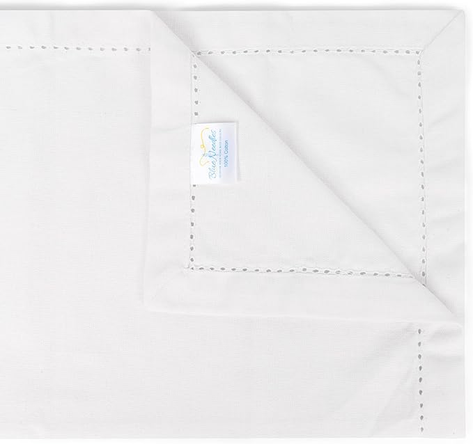 Blue Needles Set of 12 Hemstitch Linen Napkins 100% Cotton White Cloth Dinner Napkins 18x18 inches, Soft, Reusable, Absorbent, Washable, Ideal for Wedding Events, Parties & Everyday Use