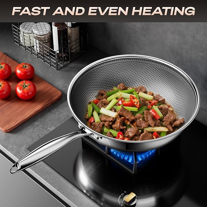 ZEROPAN Wok,Hybrid 12-Inch Wok with Lid,Nonstick Stainless Steel Woks & Stir-fry pans,Dishwasher-Friendly,PFAS PFOA PTFE Free, Oven-Safe Up to 600°F,Compatible with All Cooktops