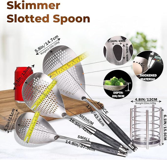 MARTE Skimmer Slotted Spoon Set of 4 - Kitchen Pasta Strainer Spoon - Spider Strainer Skimmer Ladle Spoon with Holder for Cooking and Frying Food, Spaghetti, Vegetable, Dumpling - 14.8In,16.5In,17In