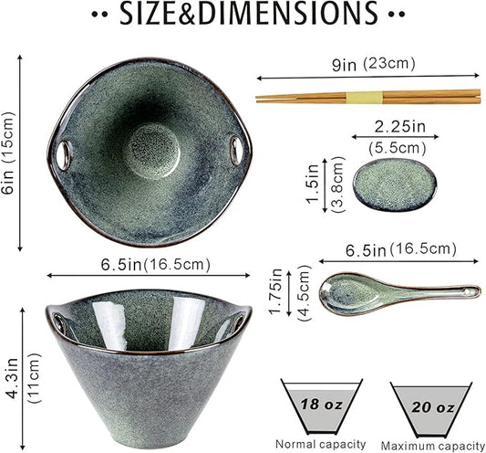 UNICASA Japanese Ramen Bowl Set with Chopsticks, Spoons and Rests, 20oz Deep Porcelain Noodle Bowl Set of 2 for Udon, Pho, Salad, Soup (Reactive Green)