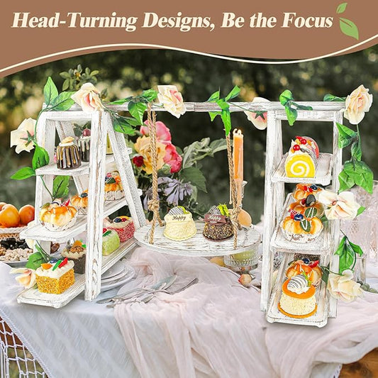 Wooden 3 Tier Cupcake Stand with Swing and Flower Decoration Serving Removable Tray Display Serving Ladder Foldable Stand with Serving Platter Tray Party Food Display Set for Cake Snack Fruit Chips Bread Centerpieces Catering