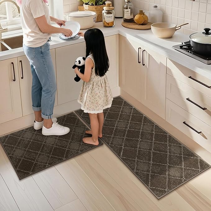 COSY HOMEER Kitchen Rugs and Mats Sets 2PCS Non-Slip Soft Kitchen Mats for Floor Absorbent and Stain Resistant Kitchen Floor Mat Washable Plaid Rugs for Kitchen,20"x32"+20"x48",Brown