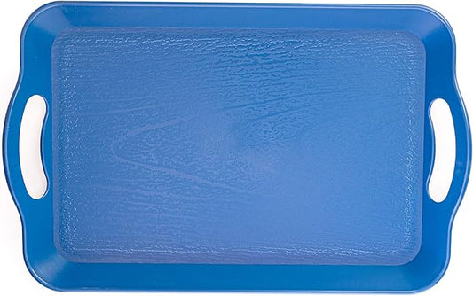 Handled Cafeteria Tray - 14" x 9" Rectangular Wood Grain Textured Plastic Food Serving TV Tray - Great for Restaurant Buffets, Diners, School Lunch, Cafe Commercial Kitchen and More (Blue)