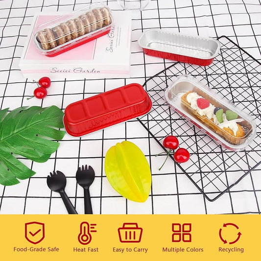 Disposable Mini Cake Pans with Lids 100 Pack,LNYZQUS 6.8oz Rectangle Mini Loaf Pan Baking Cups Muffin Tin,Aluminum Foil Cupcake Baking Tins Containers for Christmas New Year-Red