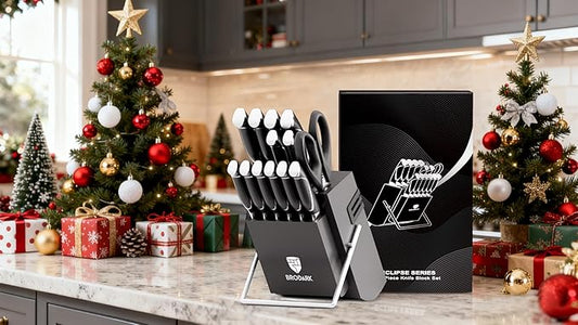 BRODARK Kitchen Knife Set with Block and Sharpener, 15 Pcs Sharp Knives Set for Kitchen, Christmas, Stainless Steel Full Tang Knife Block Set, Ergonomic Handle Professional Chef Kitchen Knives Sets