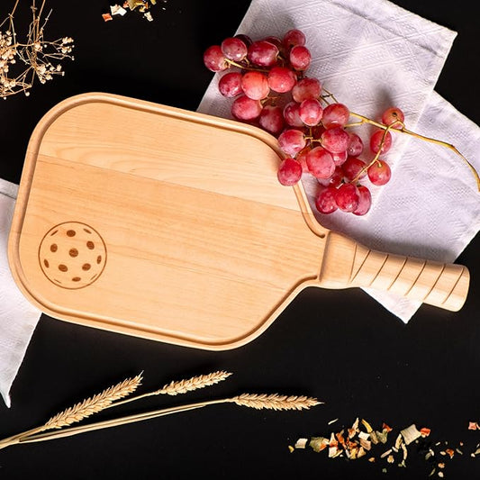 Pickleball Charcuterie & Cutting Board, Pickleball Gift, Partner Size - 17 x 8.5 x 0.75”, Birch Wood, Paddle Shape with Handle, Mineral Oil Finish