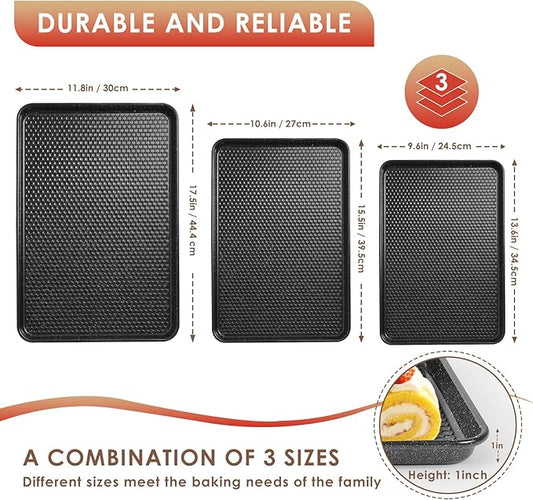 Baking Sheet Pan Set of 3, Nonstick Carbon Steel Cookie Sheets with Texture, Commercial Half/Quarter/Jelly Roll Pans Replacement Toaster Oven Tray, Heavy Duty & Easy Clean, Black