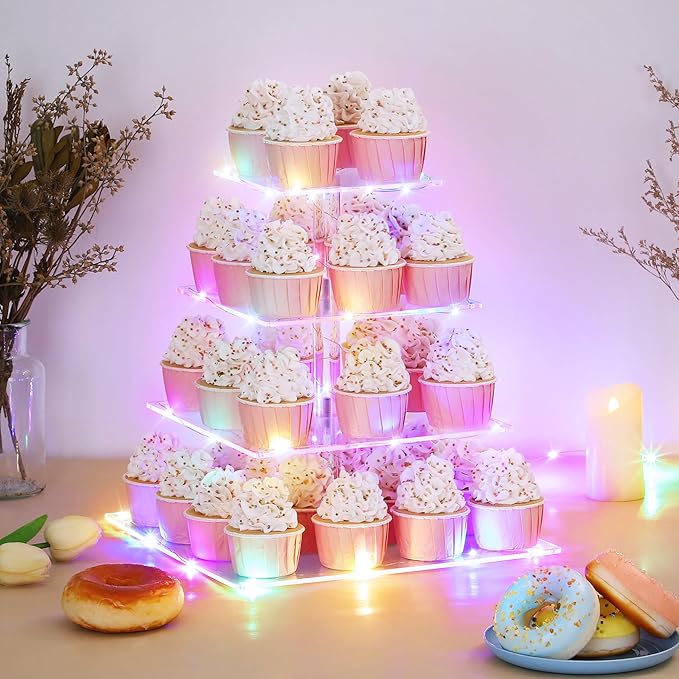 4 Tier Cupcake Stand with LED String Light, Acrylic Cupcake Display Stand, Square Cupcake Tower Holder, Cup Cake Stand for Birthday, Wedding, Baby Shower, Party