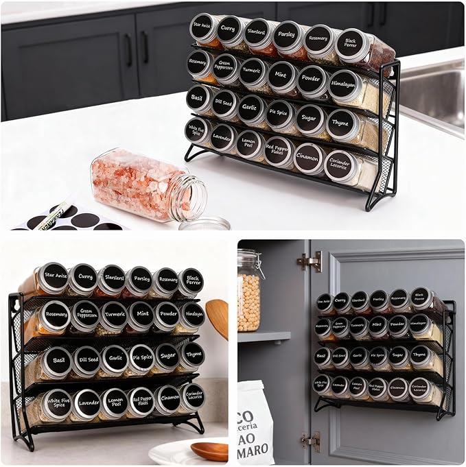 DIDITIME Spice Rack Organizer with 24 Glass Jars and 60 Spice Labels, Seasoning Organizer for Kitchen, Countertop, Cabinet, Pantry, Cupboard,Spice Organization for Cabinet, Space-Saving & Tidy