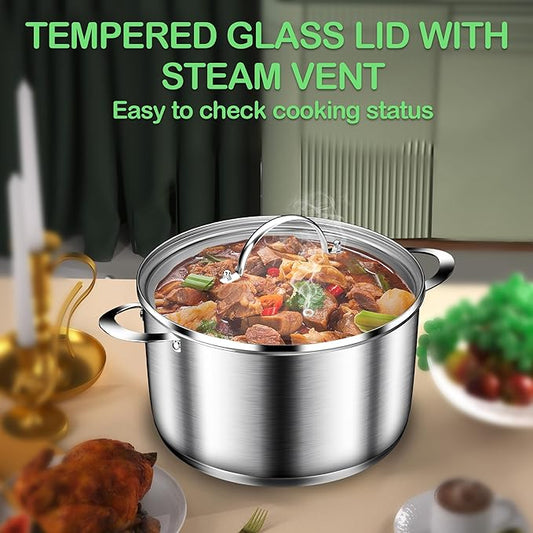 STOCKPOT Cooking Pot, Stainless Steel Stock Pot, Soup Pot with Glass Lid, Induction Pots - 6 Quart