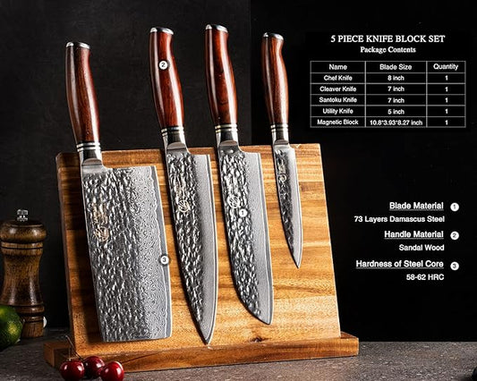 YARENH Cleaver Knife Set with Magnetic Block, Damascus Stainless Steel,73 Layers, 5 Piece Professional Sharp Kitchen Knife Set for Chef, Full Tang, Sandalwood Wood Handle