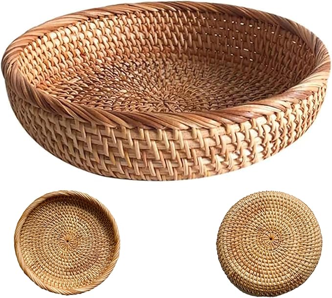 9 Inch Rattan Basket Tray Woven Round Decorative Wicker Tray Stackable for Kitchen Tabletop Fruit Candy Bread