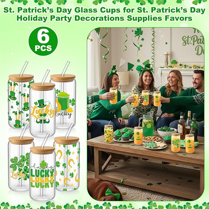 6 Pcs St Patrick's Day Glass Cups Shamrock Tumbler with Bamboo Lids and Straws 16 oz Irish Lucky Clover Reusable Can Shaped Drinking Glasses Bulk for St Patrick's Day Party Supplies