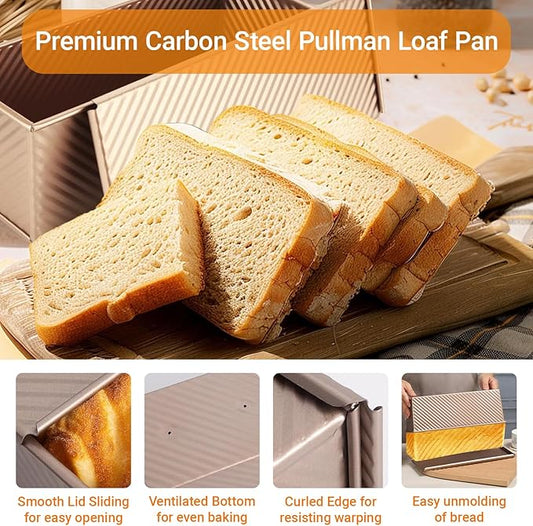 2 Ps Pullman Loaf Pan with Lid, 2.2lb Nonstick Carbon Steel Bread Pan for Sandwich & Sourdough, Rectangular Corrugated Toast for Oven Baking, Heavy Duty, Send Goods from Local Warehouse (Gold 13x4)