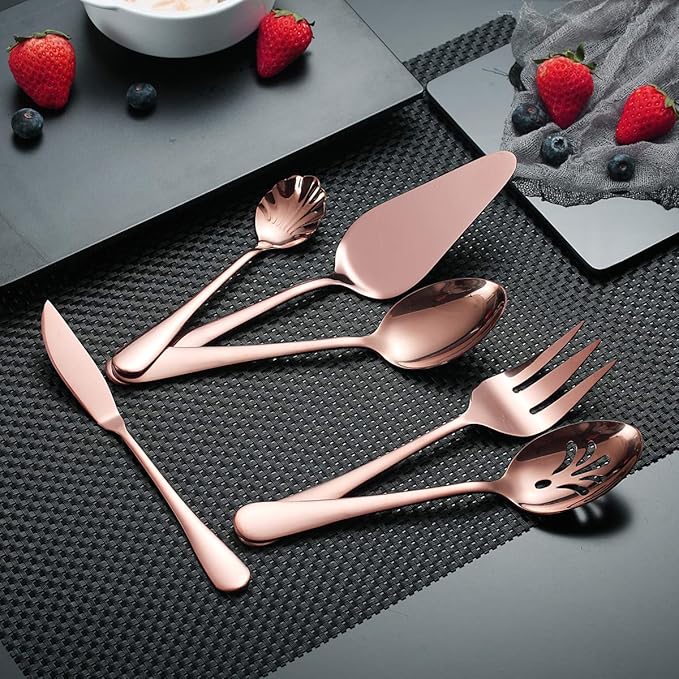 Berglander Stainless Steel Rose Gold Titanium Plated Flatware Serving Set 6 Pieces, 5 Serving Pieces of 45 Pieces Flatware With 1 Cake Server, Copper Serving Silverware Set (Shiny Rose Gold)